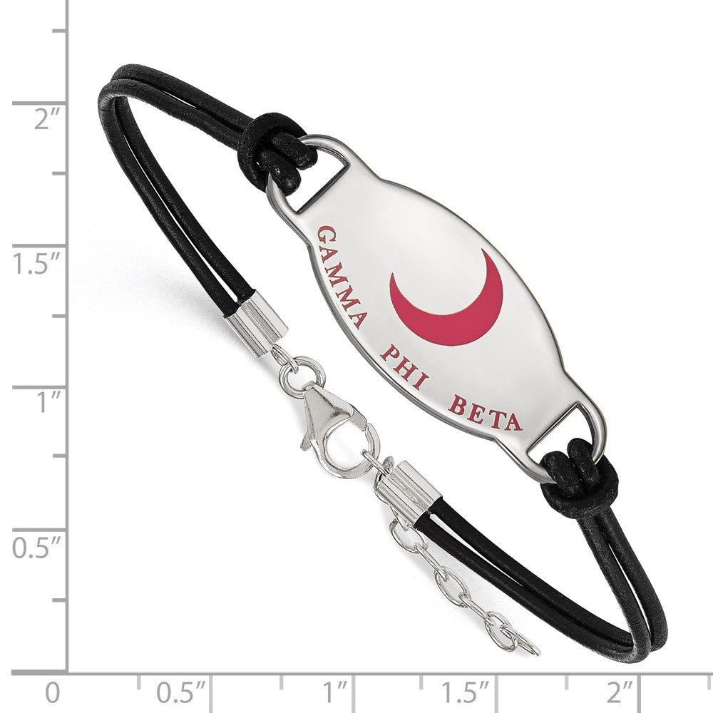 Sterling Silver Rhodium-plated LogoArt Gamma Phi Beta Sorority Symbol Color Enamel Black Leather 7 inch Bracelet with Extender