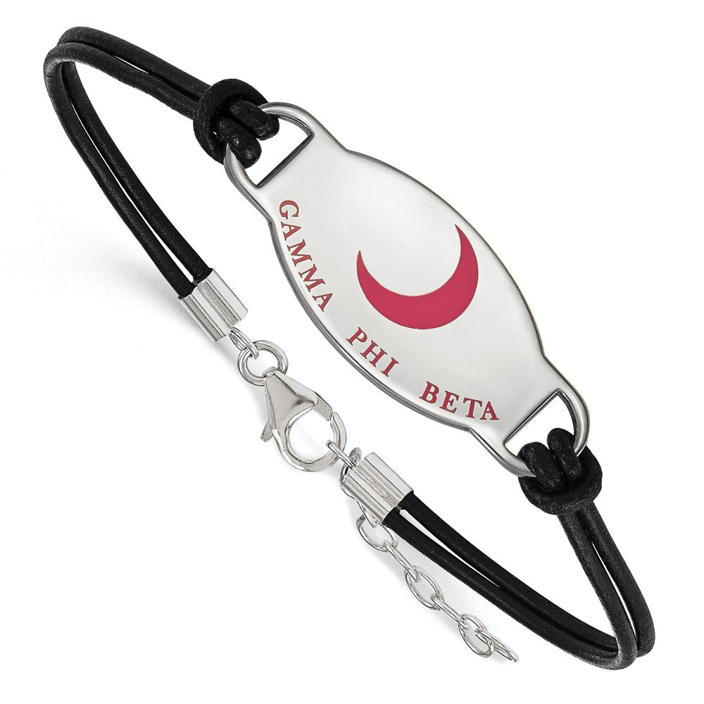 Sterling Silver Rhodium-plated LogoArt Gamma Phi Beta Sorority Symbol Color Enamel Black Leather 7 inch Bracelet with Extender