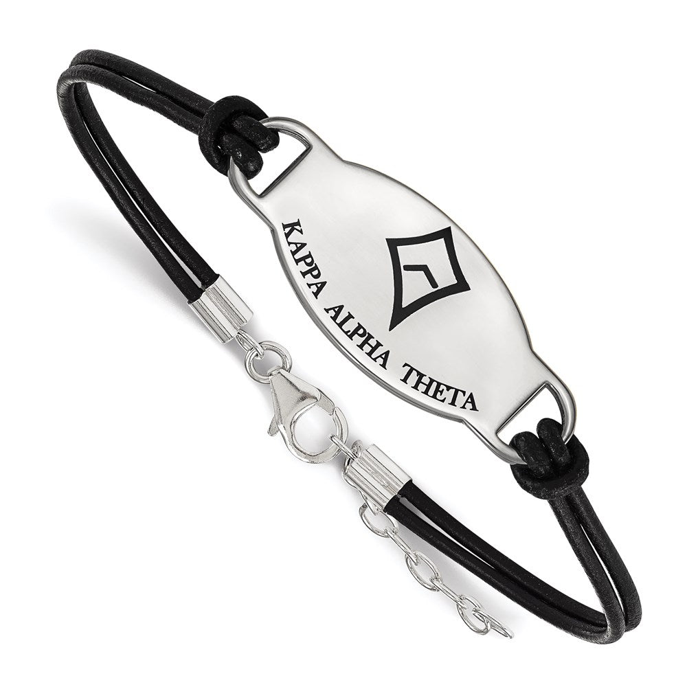 Sterling Silver Rhodium-plated LogoArt Kappa Alpha Theta Sorority Symbol Color Enamel Color Leather 7 inch Bracelet with Extender