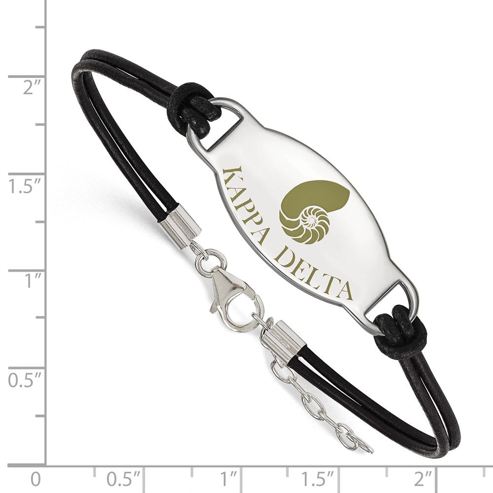 Sterling Silver Rhodium-plated LogoArt Kappa Delta Sorority Symbol Color Enamel Black Leather 7 inch Bracelet with Extender