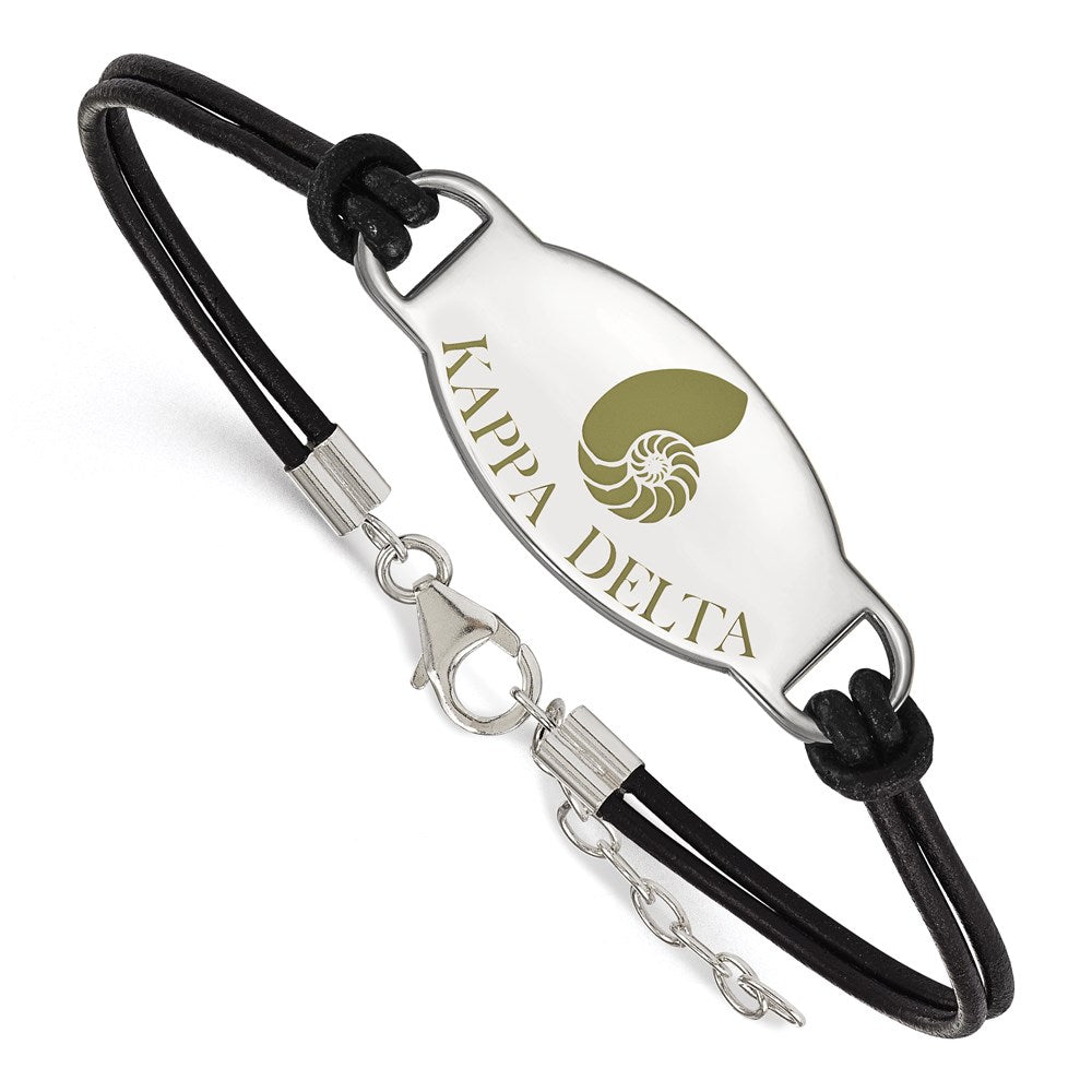 Sterling Silver Rhodium-plated LogoArt Kappa Delta Sorority Symbol Color Enamel Black Leather 7 inch Bracelet with Extender