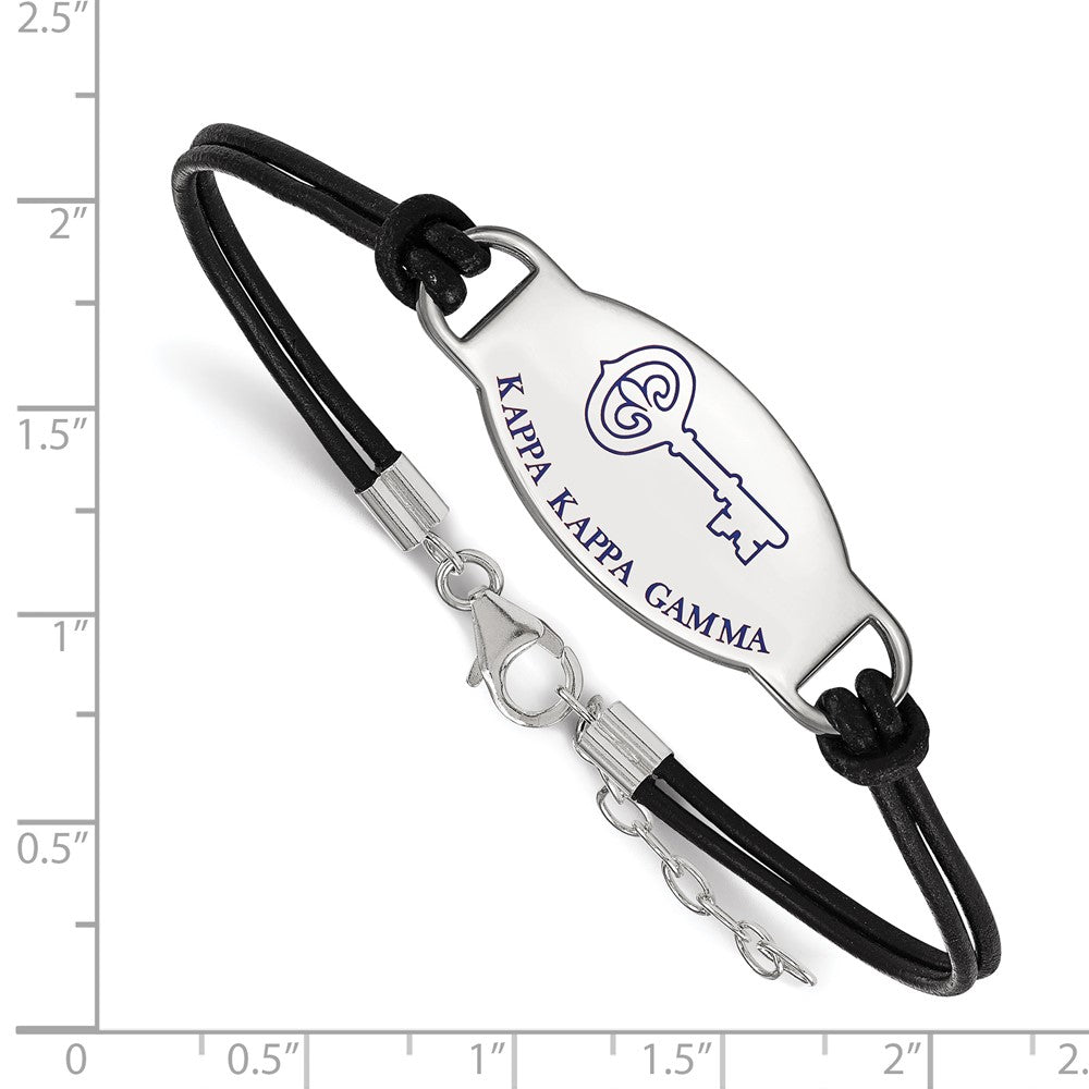 Sterling Silver Rhodium-plated LogoArt Kappa Kappa Gamma Sorority Symbol Color Enamel Black Leather 7 inch Bracelet with Extender