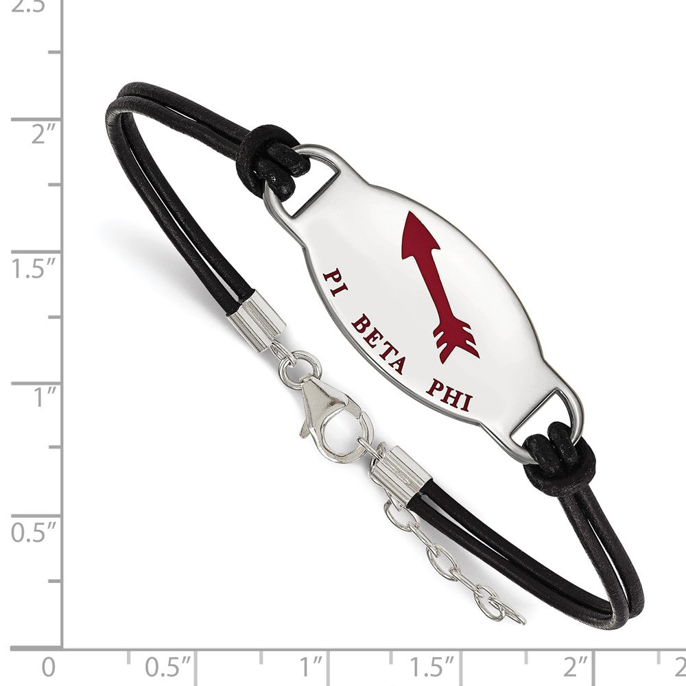 Sterling Silver Rhodium-plated LogoArt Pi Beta Phi Sorority Symbol Color Enamel Black Leather 7 inch Bracelet with Extender