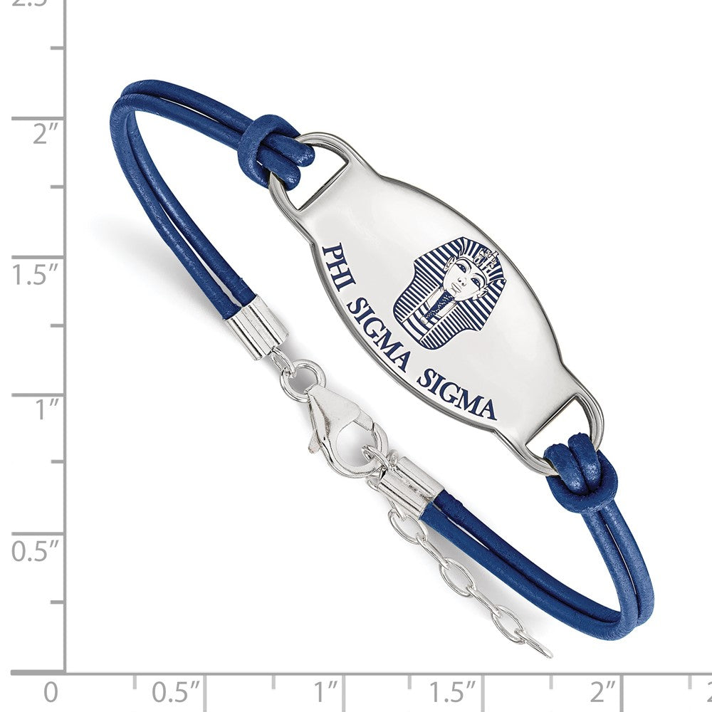 Sterling Silver Rhodium-plated LogoArt Phi Sigma Sigma Sorority Symbol Color Enamel Color Leather 7 inch Bracelet with Extender