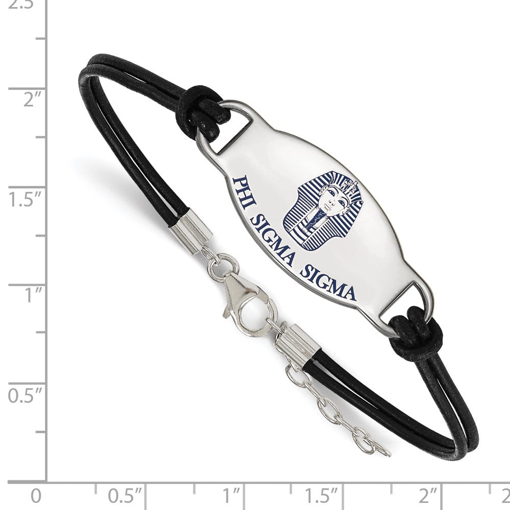 Sterling Silver Rhodium-plated LogoArt Phi Sigma Sigma Sorority Symbol Color Enamel Black Leather 7 inch Bracelet with Extender