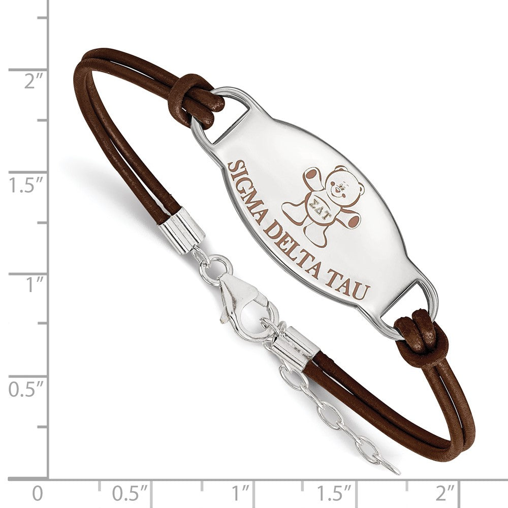 Sterling Silver Rhodium-plated LogoArt Sigma Delta Tau Sorority Symbol Color Enamel Color Leather 7 inch Bracelet with Extender