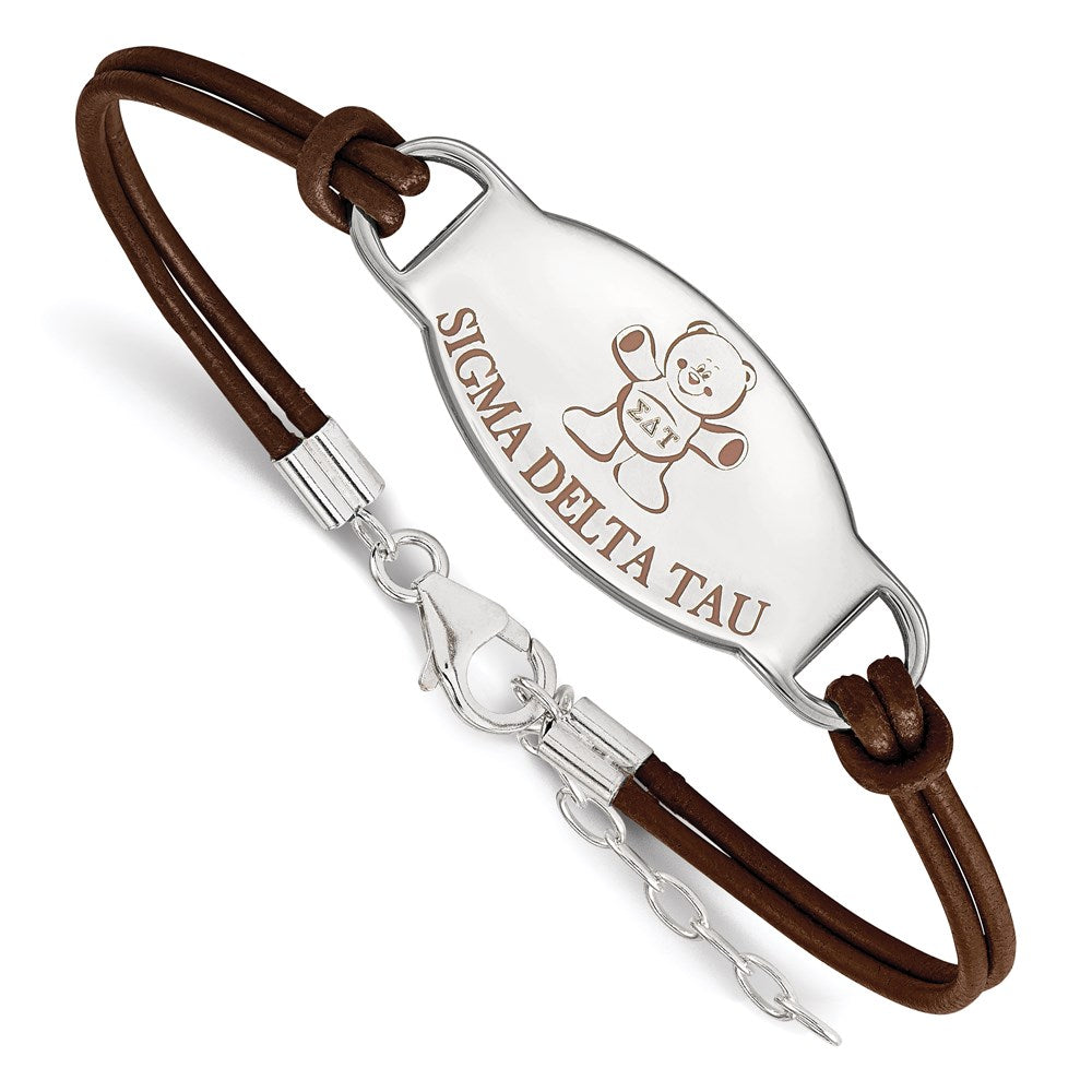 Sterling Silver Rhodium-plated LogoArt Sigma Delta Tau Sorority Symbol Color Enamel Color Leather 7 inch Bracelet with Extender