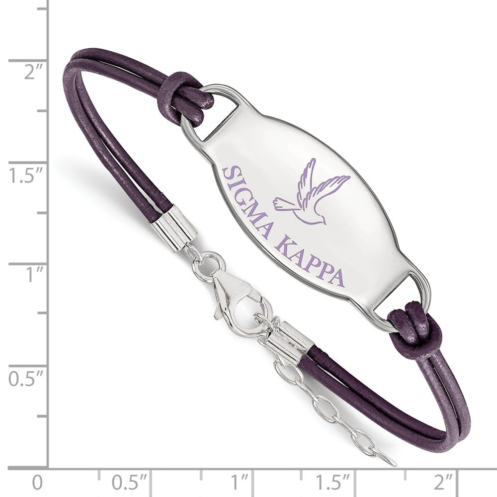 Sterling Silver Rhodium-plated LogoArt Sigma Kappa Sorority Symbol Color Enamel Color Leather 7 inch Bracelet with Extender