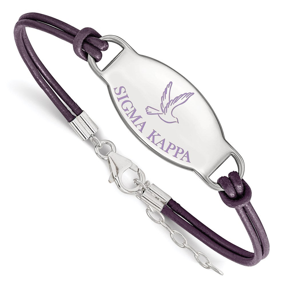 Sterling Silver Rhodium-plated LogoArt Sigma Kappa Sorority Symbol Color Enamel Color Leather 7 inch Bracelet with Extender