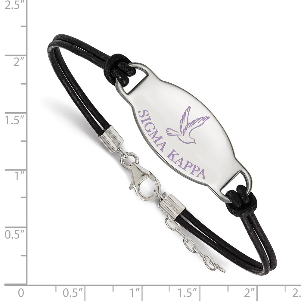 Sterling Silver Rhodium-plated LogoArt Sigma Kappa Sorority Symbol Color Enamel Black Leather 7 inch Bracelet with Extender
