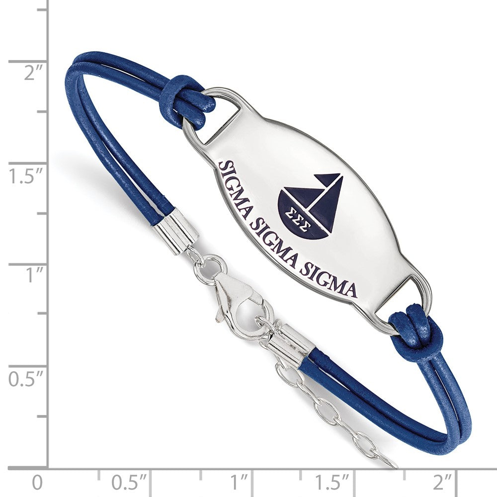Sterling Silver Rhodium-plated LogoArt Sigma Sigma Sigma Sorority Symbol Color Enamel Color Leather 7 inch Bracelet with Extender