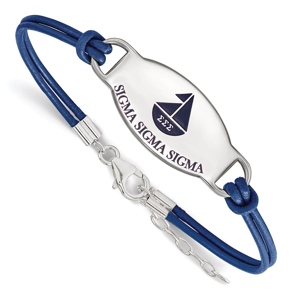 Sterling Silver Rhodium-plated LogoArt Sigma Sigma Sigma Sorority Symbol Color Enamel Color Leather 7 inch Bracelet with Extender