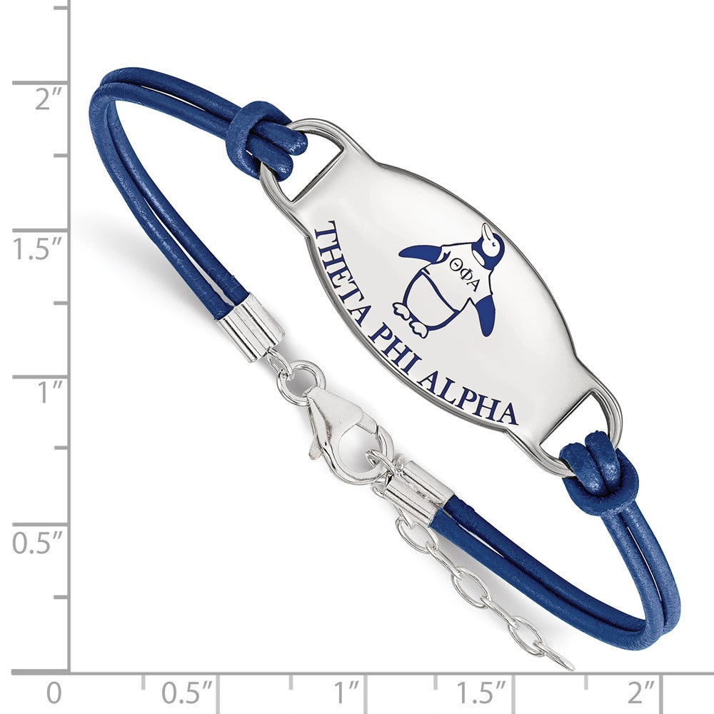 Sterling Silver Rhodium-plated LogoArt Theta Phi Alpha Sorority Symbol Color Enamel Color Leather 7 inch Bracelet with Extender