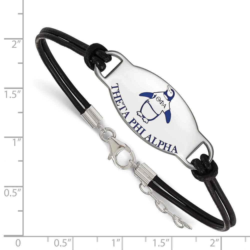 Sterling Silver Rhodium-plated LogoArt Theta Phi Alpha Sorority Symbol Color Enamel Black Leather 7 inch Bracelet with Extender