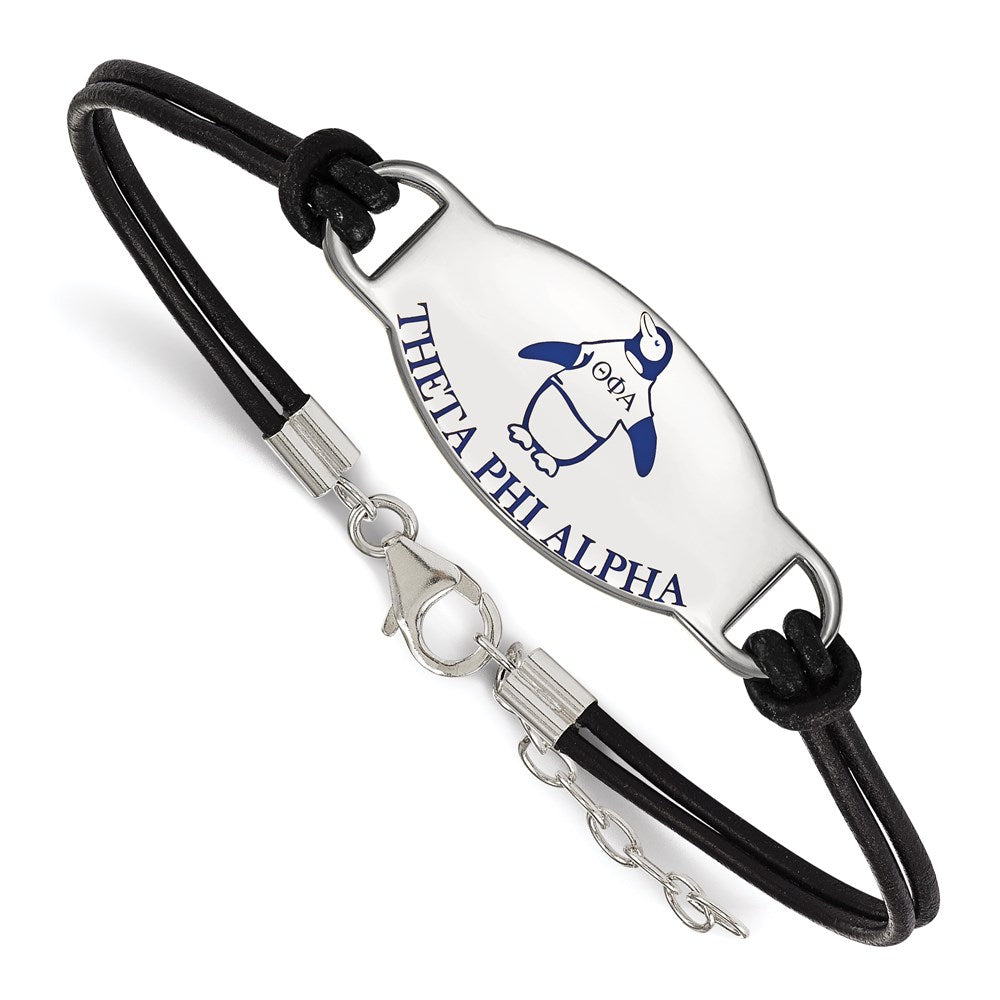Sterling Silver Rhodium-plated LogoArt Theta Phi Alpha Sorority Symbol Color Enamel Black Leather 7 inch Bracelet with Extender