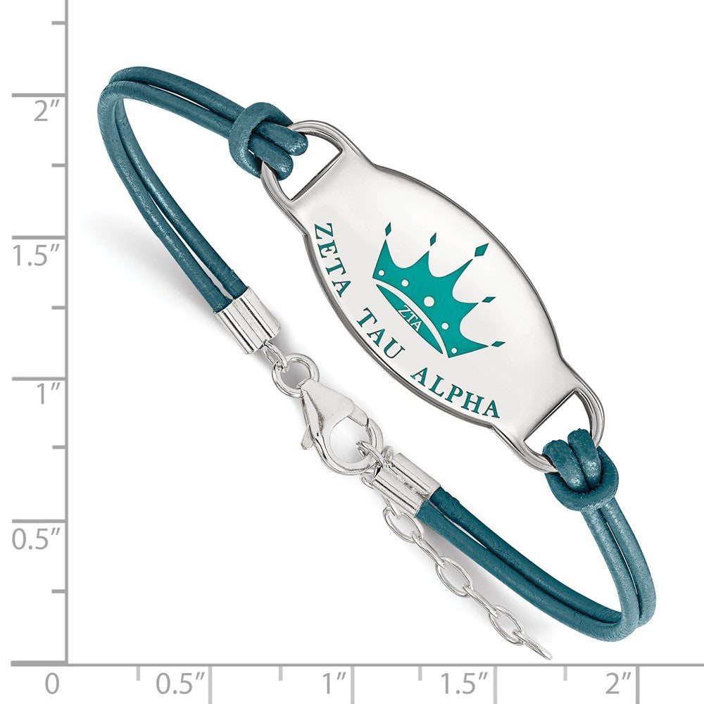 Sterling Silver Rhodium-plated LogoArt Zeta Tau Alpha Sorority Symbol Color Enamel Color Leather 7 inch Bracelet with Extender
