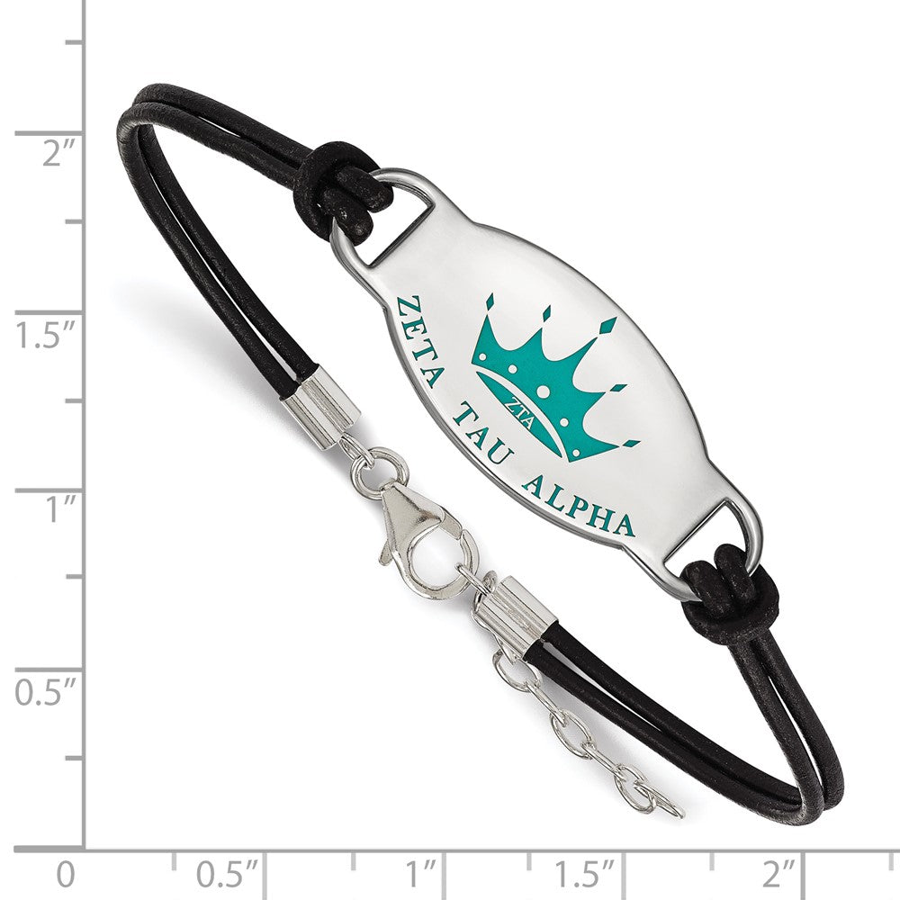 Sterling Silver Rhodium-plated LogoArt Zeta Tau Alpha Sorority Symbol Color Enamel Black Leather 7 inch Bracelet with Extender