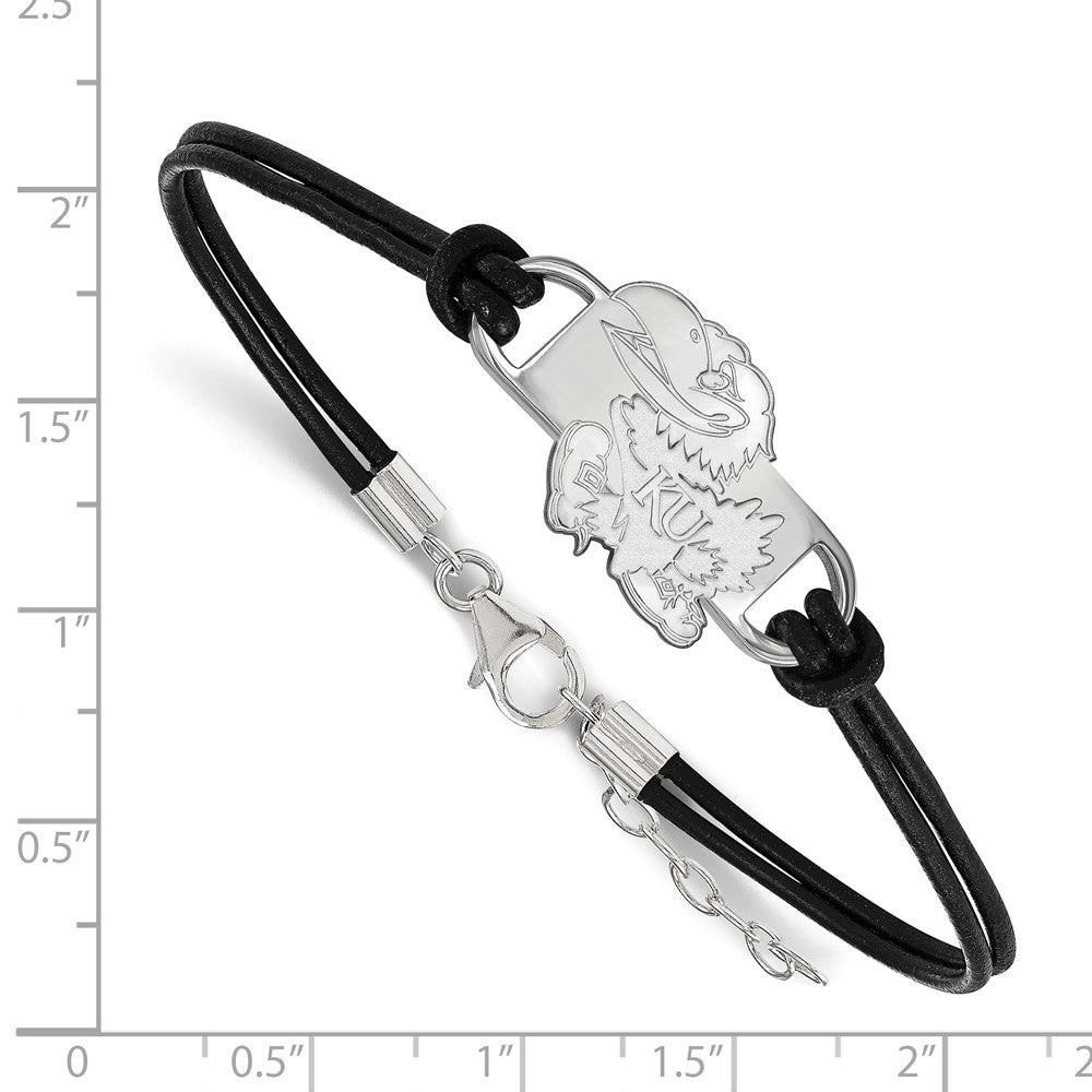 Sterling Silver Rhodium-plated LogoArt University of Kansas Jayhawk Small Center Black Leather 7 inch Bracelet with Extender
