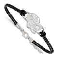 Sterling Silver Rhodium-plated LogoArt University of Kansas Jayhawk Small Center Black Leather 7 inch Bracelet with Extender