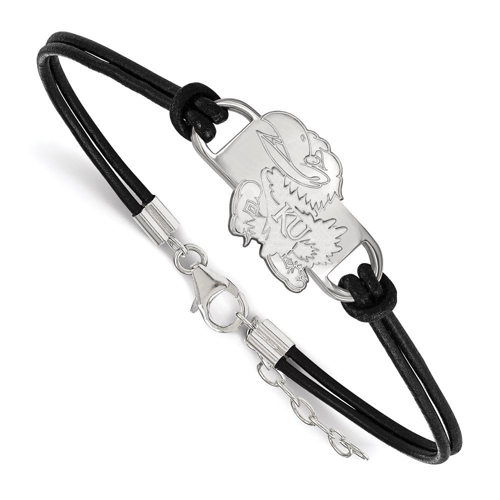 Sterling Silver Rhodium-plated LogoArt University of Kansas Jayhawk Small Center Black Leather 7 inch Bracelet with Extender