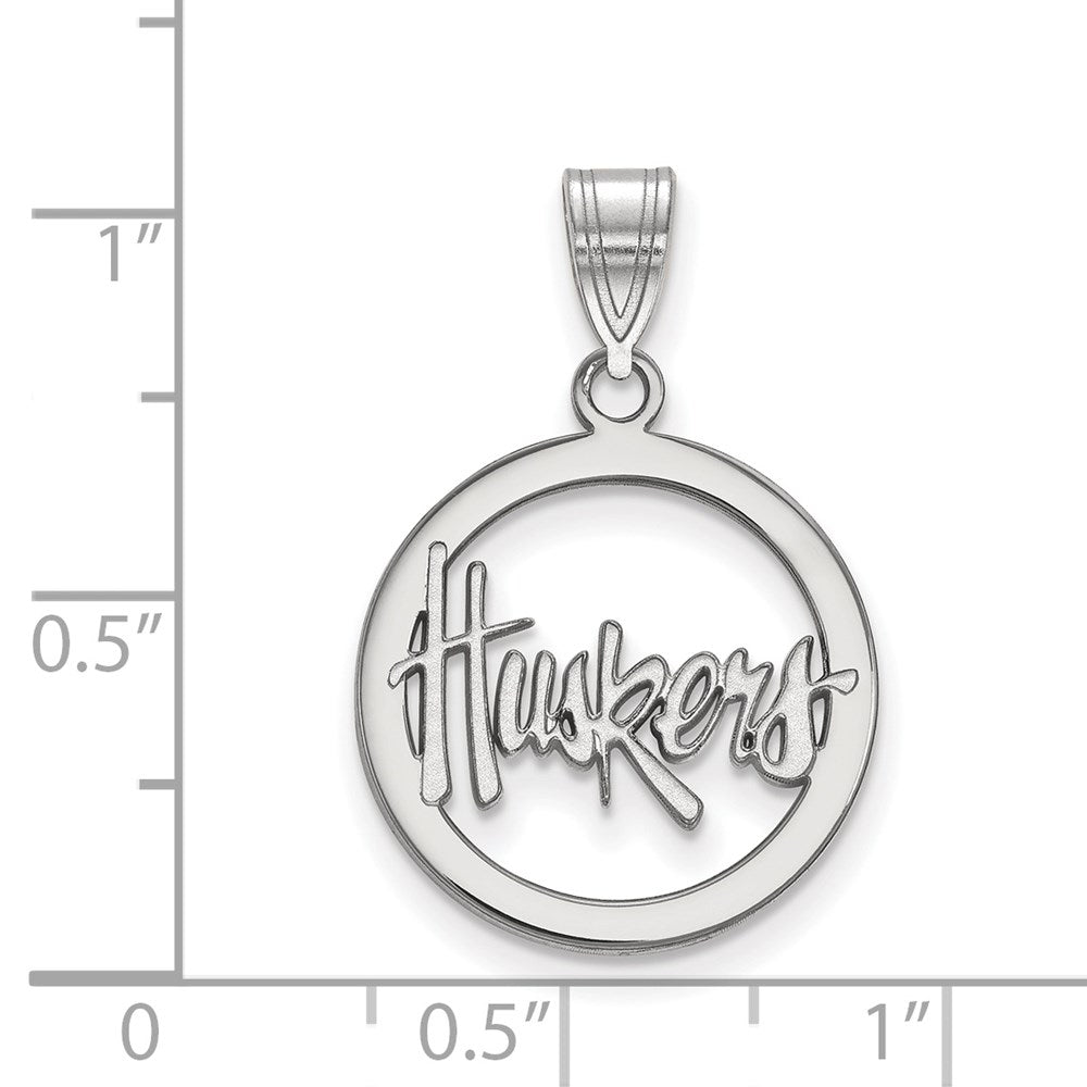 Sterling Silver Rhodium-plated LogoArt University of Nebraska Huskers Small Circle Pendant