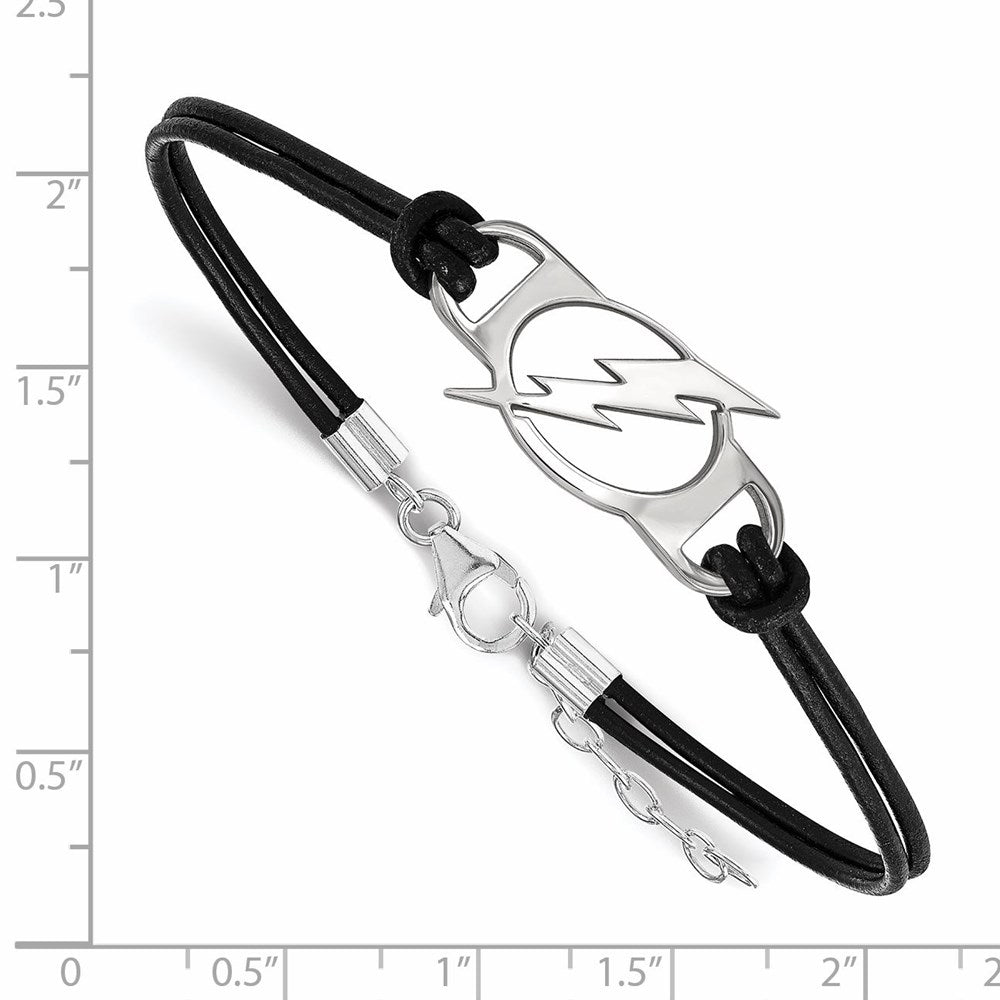 Sterling Silver Rhodium-plated NHL LogoArt Tampa Bay Lightning Small Center Black Leather 7 inch Bracelet with Extender