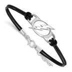 Sterling Silver Rhodium-plated NHL LogoArt Tampa Bay Lightning Small Center Black Leather 7 inch Bracelet with Extender