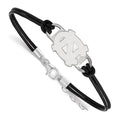 Sterling Silver Rhodium-plated LogoArt University of North Carolina N-C Small Center Black Leather 7 inch Bracelet with Extender