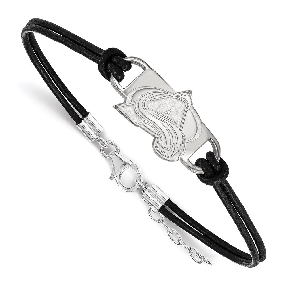 Sterling Silver Rhodium-plated NHL LogoArt Colorado Avalanche Letter A Small Center Black Leather 7 inch Bracelet with Extender