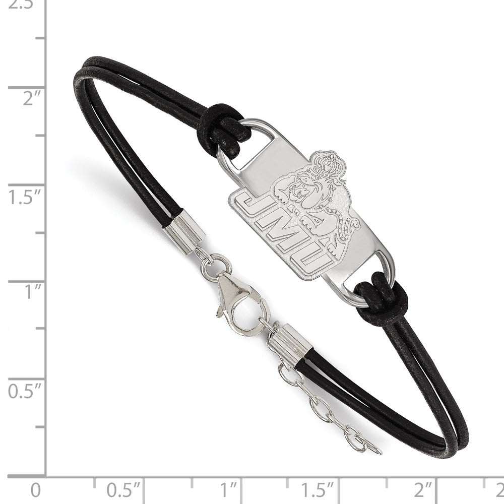 Sterling Silver Rhodium-plated LogoArt James Madison University Small Center Black Leather 7 inch Bracelet with Extender