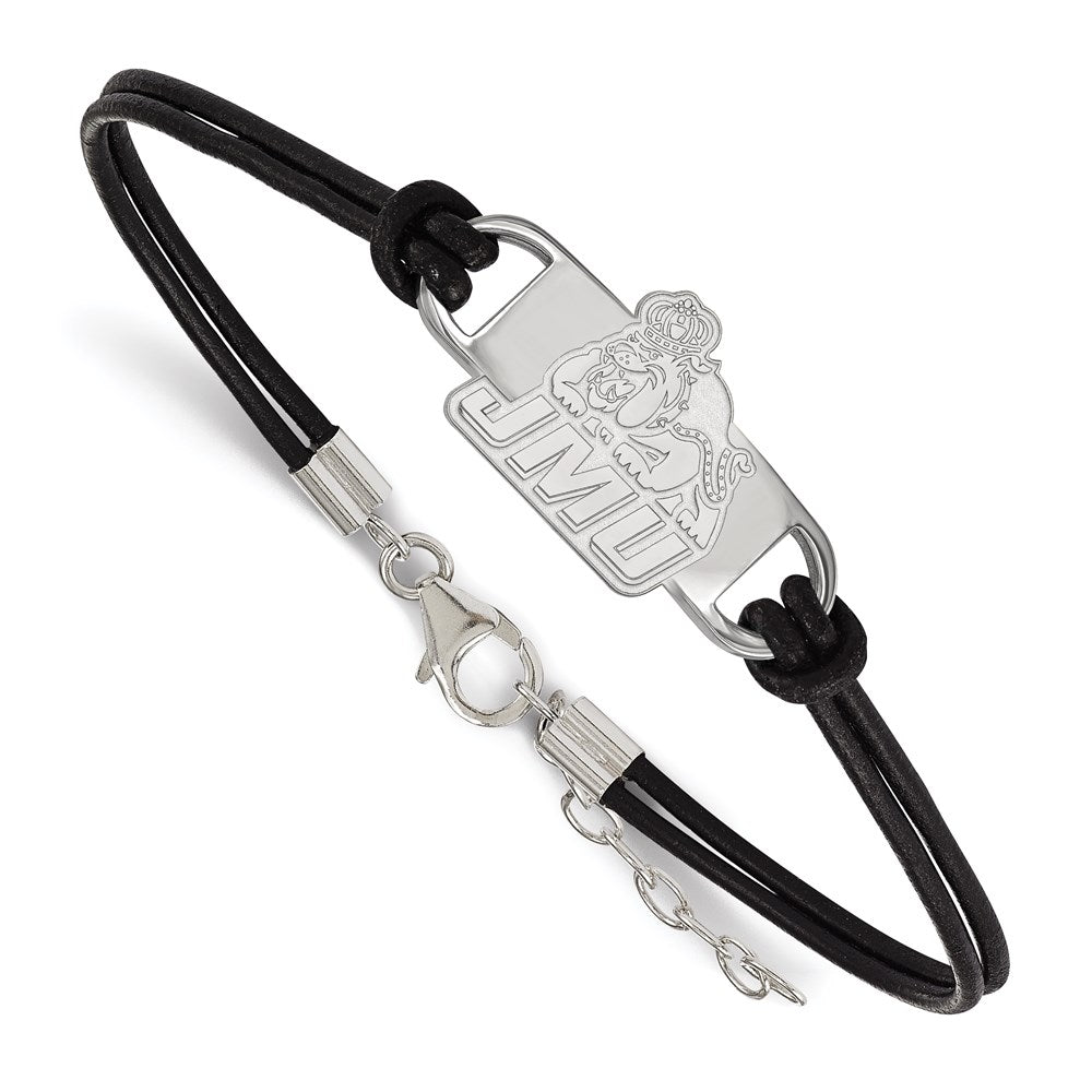 Sterling Silver Rhodium-plated LogoArt James Madison University Small Center Black Leather 7 inch Bracelet with Extender