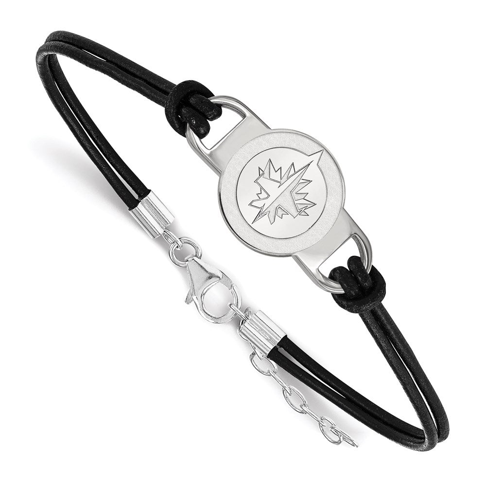 Sterling Silver Rhodium-plated NHL LogoArt Winnipeg Jets Small Center Black Leather 7 inch Bracelet with Extender