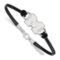 Sterling Silver Rhodium-plated LogoArt University of Michigan Letter M Small Center Black Leather 7 inch Bracelet with Extender