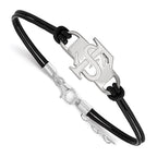 Sterling Silver Rhodium-plated LogoArt Florida State University F-S Small Center Black Leather 7 inch Bracelet with Extender