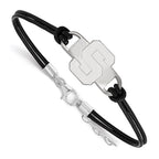 Sterling Silver Rhodium-plated LogoArt Michigan State University Letter S Small Center Black Leather 7 inch Bracelet with Extender