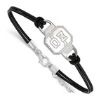 Sterling Silver Rhodium-plated LogoArt North Carolina State University N-C-S Small Center Black Leather 7 inch Bracelet with Extender