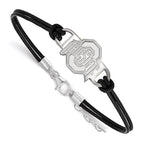 Sterling Silver Rhodium-plated LogoArt The Ohio State University Small Center Black Leather 7 inch Bracelet with Extender