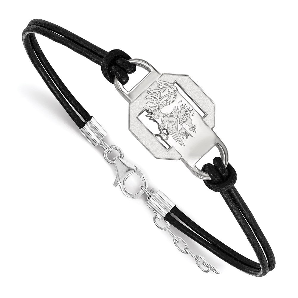 Sterling Silver Rhodium-plated LogoArt University of South Carolina Small Center Black Leather 7 inch Bracelet with Extender