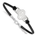Sterling Silver Rhodium-plated LogoArt University of Oklahoma O-U Small Center Black Leather 7 inch Bracelet with Extender