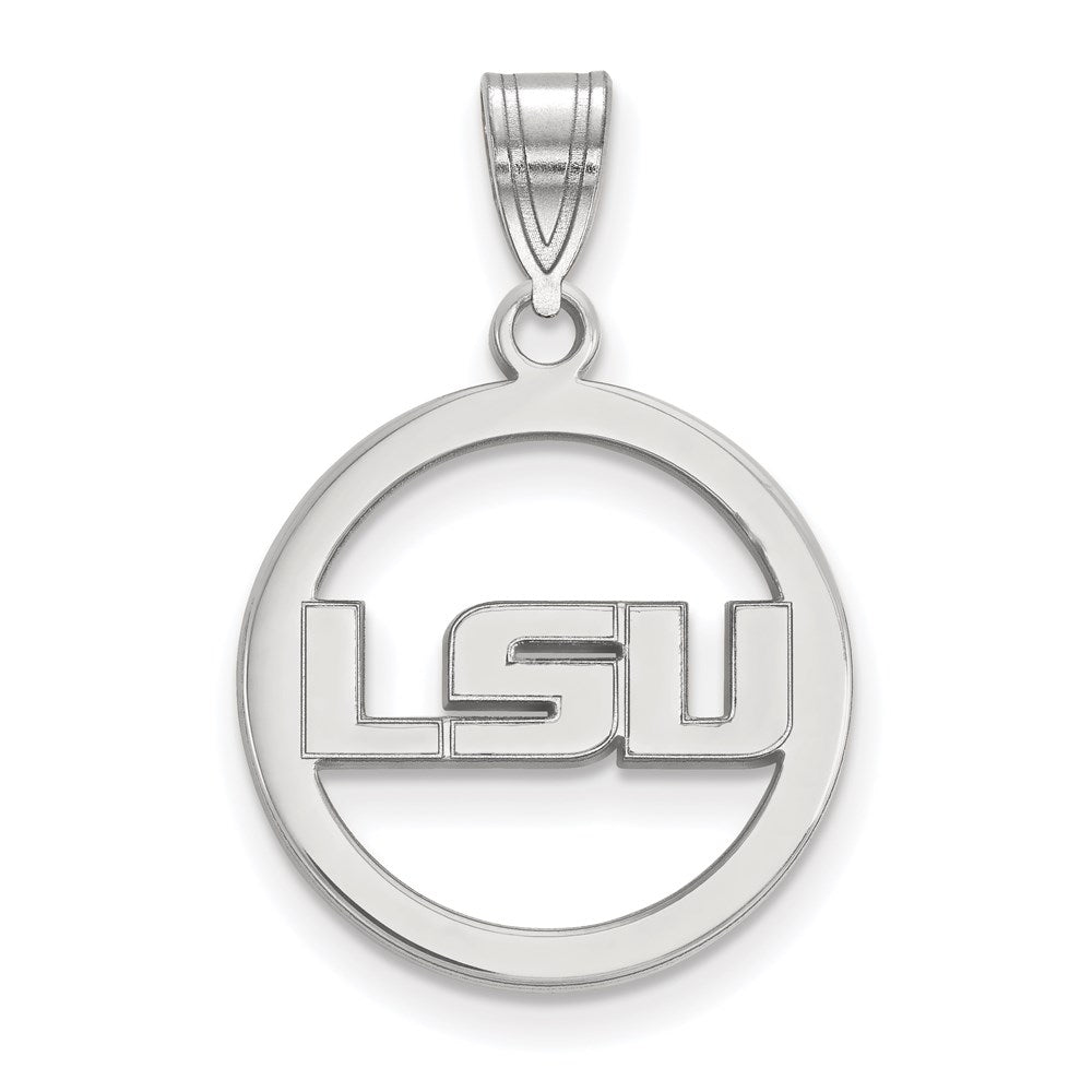 Sterling Silver Rhodium-plated LogoArt Louisiana State University L-S-U Medium Circle Pendant