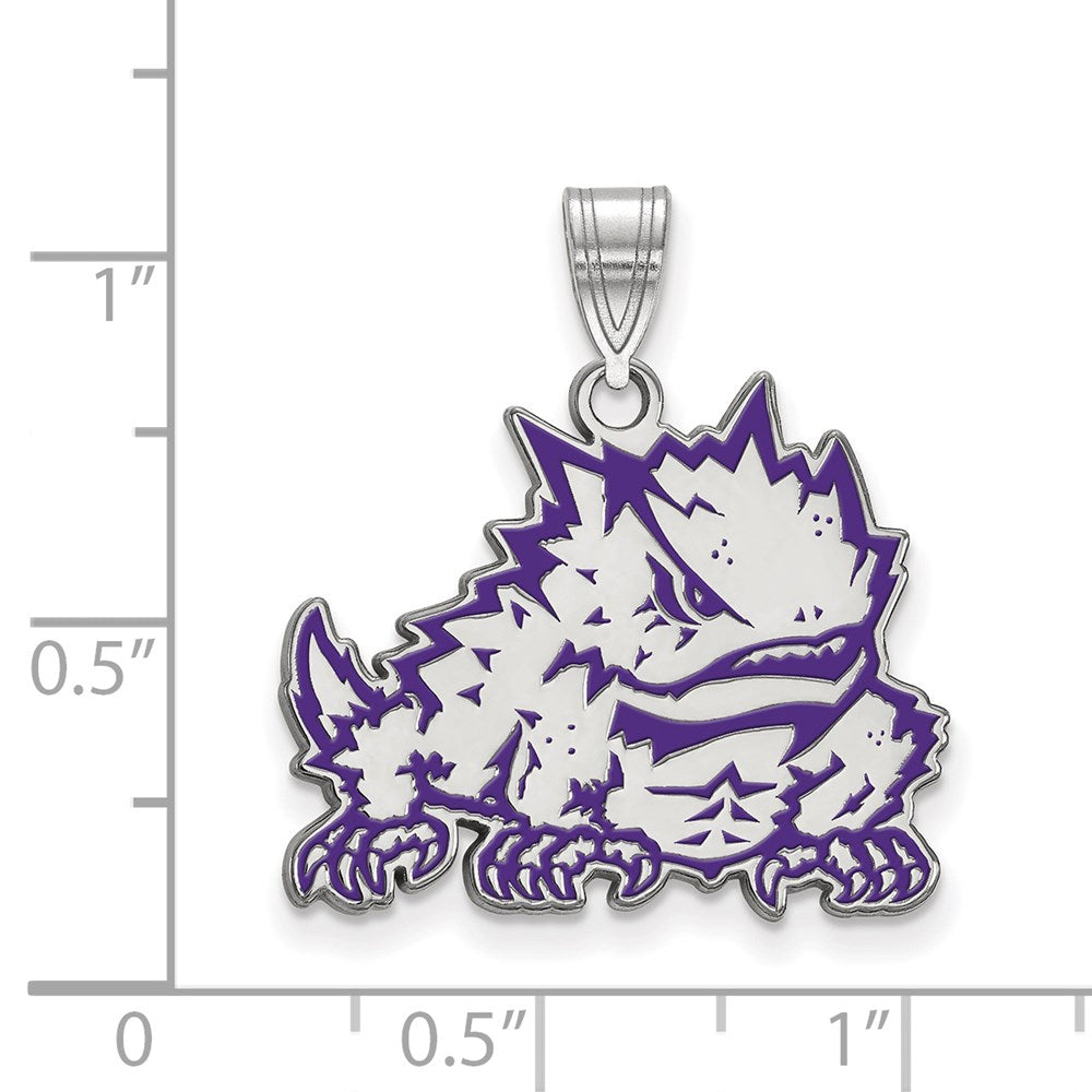 Sterling Silver Rhodium-plated LogoArt Texas Christian University Horned Frog Large Enameled Pendant