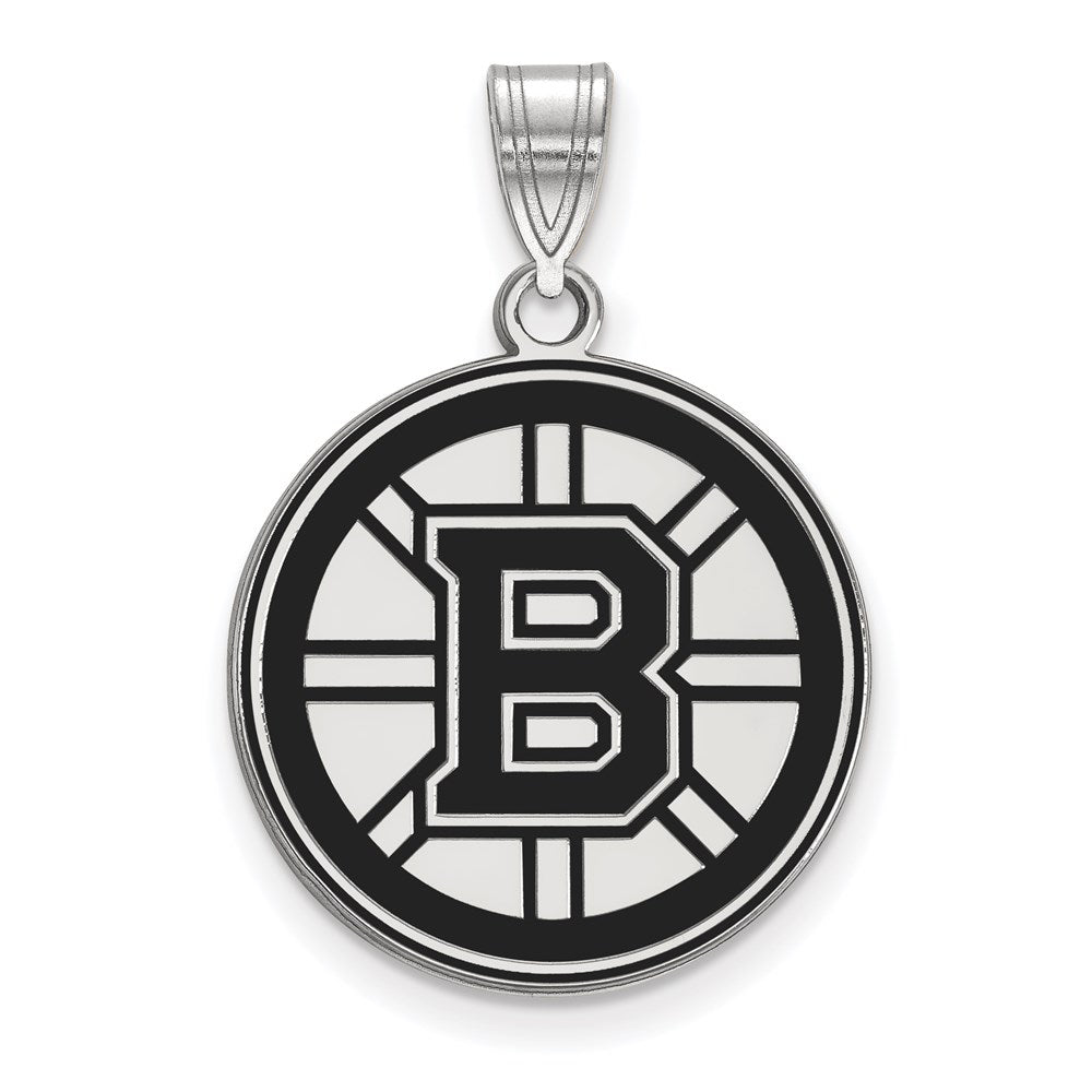 Sterling Silver Rhodium-plated NHL LogoArt Boston Bruins Large Enameled Pendant