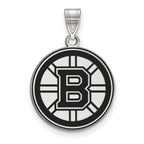 Sterling Silver Rhodium-plated NHL LogoArt Boston Bruins Large Enameled Pendant