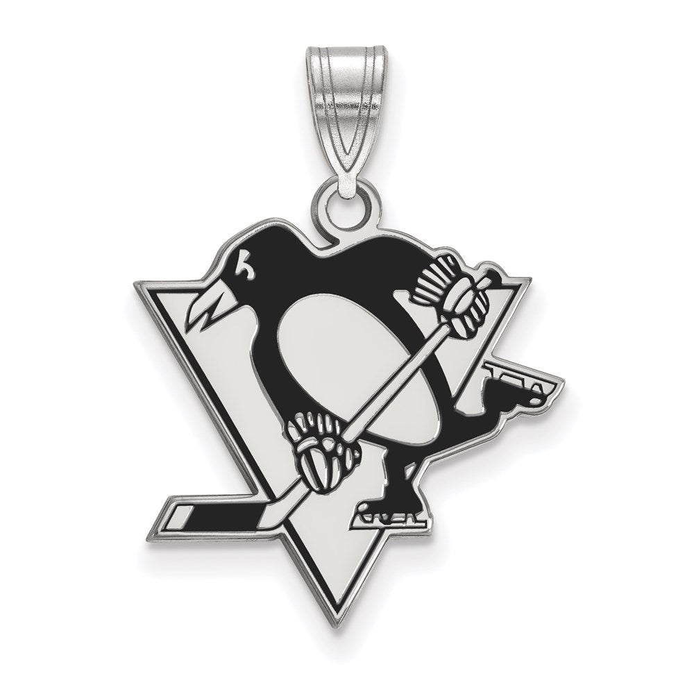 Sterling Silver Rhodium-plated NHL LogoArt Pittsburgh Penguins Large Enameled Pendant