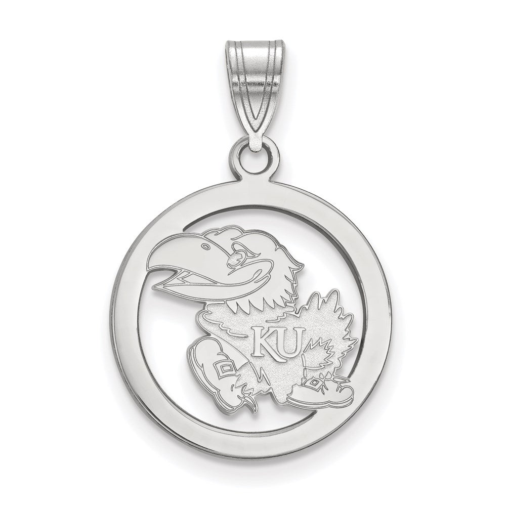 Sterling Silver Rhodium-plated LogoArt University of Kansas Jayhawk Small Circle Pendant