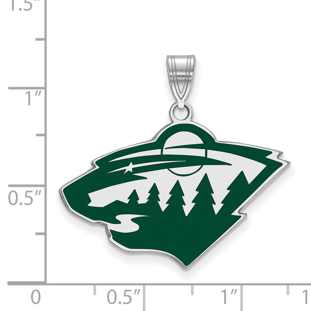 Sterling Silver Rhodium-plated NHL LogoArt Minnesota Wild Large Enameled Pendant