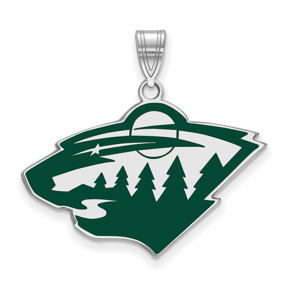 Sterling Silver Rhodium-plated NHL LogoArt Minnesota Wild Large Enameled Pendant