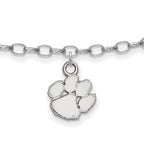 Sterling Silver Rhodium-plated LogoArt Clemson University Tiger Paw 9 inch Anklet