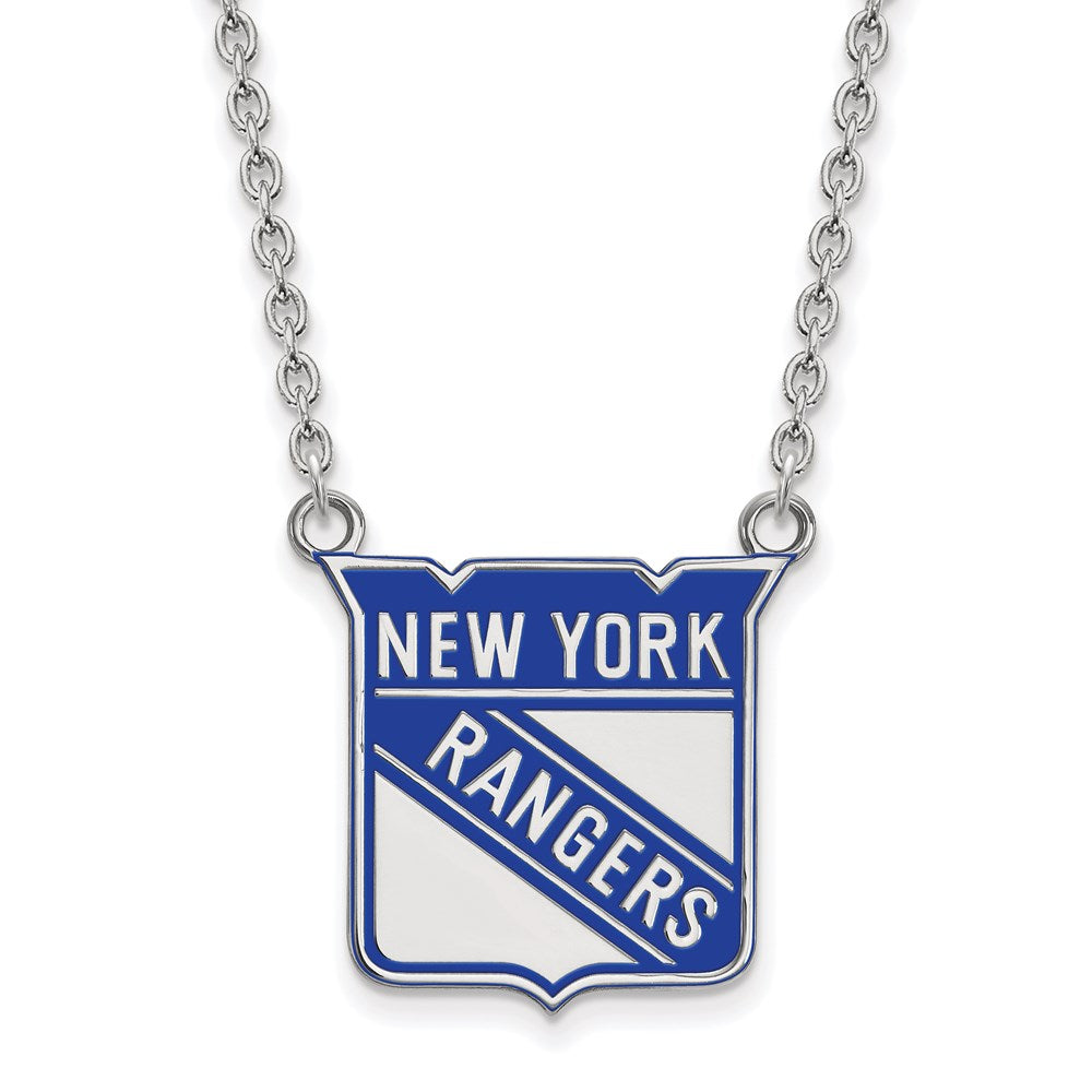 Sterling Silver Rhodium-plated NHL LogoArt New York Rangers Large Enameled Pendant 18 inch Necklace