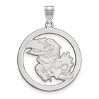 Sterling Silver Rhodium-plated LogoArt University of Kansas Jayhawk Large Circle Pendant